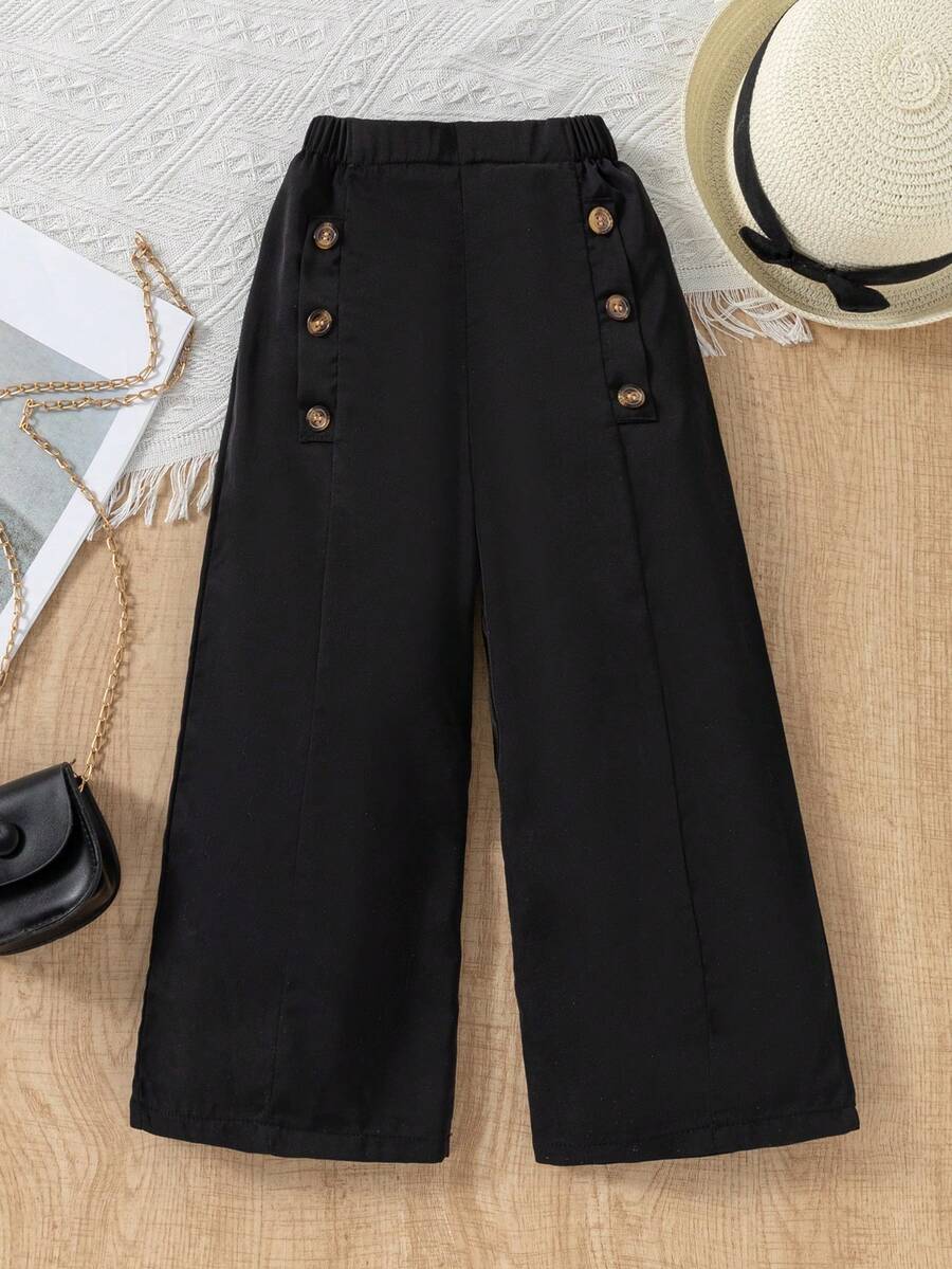 SHEIN 女童白色纽扣装饰前开衩喇叭裤 - 黑色 - 查看 1