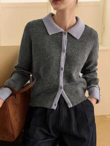 Dazy-Less 女士休闲宽松撞色长袖开衫毛衣，时尚百搭，适合秋冬季商务休闲场合。 - 灰色 - 查看 1