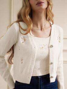 Aveloria Rosie V-Neck Embroidered Camisole Top And Long Sleeve Cardigan Women Sweater Co-Ords - Beige - View 4