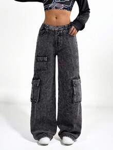 SHEIN Explorewe 1 件宽松直筒牛仔工装裤，复古美式街头风格休闲装，推荐青少年穿着，水洗炭灰色，多口袋设计融合了工作服和休闲装，宽松版型，松紧腰带舒适，拉链开合方便，适合外出、休闲聚会、朋友聚会或日常学校装扮，全年百搭牛仔工装裤 - 灰色 - 查看 5