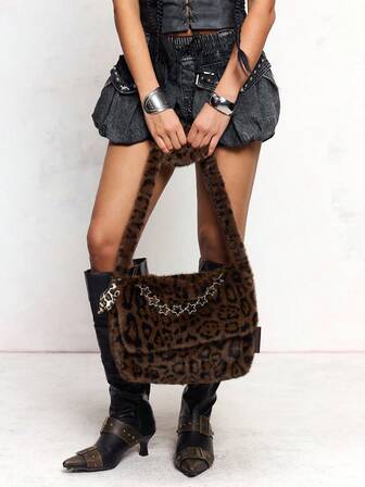 Goth 1 Stück braune Y2K Babe Leopard Muster Kawaii süße Stern Retro Punk Subkultur Kurzsichtigkeit Kette Deko Plüsch Leopard Muster Mode minimalistische Umhängetasche, geeignet für Uni, Einkaufen, Pendeln, Musikfestivals usw.
