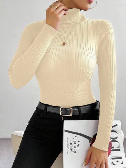 RosyDaze Pull col roulé à manches longues minimaliste de base pour femme