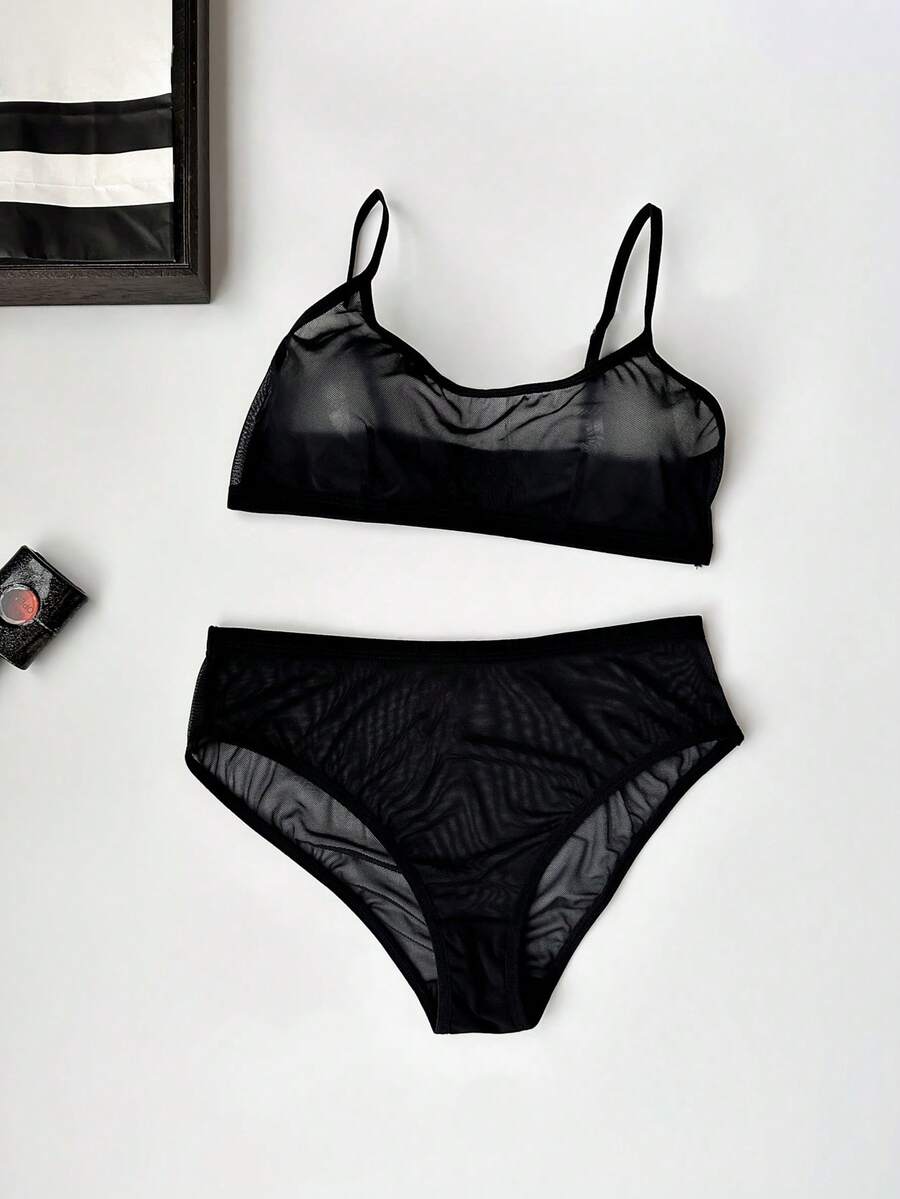SHEIN 2pcs Mesh Sexy Lingerie Set For Women - Black - View 1