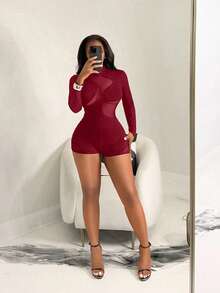 BamGleam Bộ đồ liền thân lưới vá gợi cảm tay dài màu trơn dành cho nữ - Màu Đỏ Sâu - Xem 1