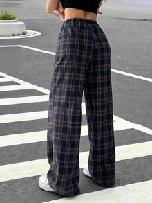 SHEIN EZwear 格纹印花抽绳腰带斜口袋宽松休闲阔腿裤