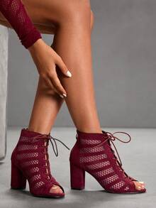 CUCCOO SZL Botas de tobillo con diseño de cordones y punta abierta de tacón alto de moda para uso diario - Burdeos - Ver 10