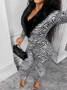 SHEIN LUNE جمبسوت نسائية ضيقة مصنوعة من فرو صناعي بطبعة الزيبرا، مناسبة للخروجات اليومية والحفلات والتجمعات والمناسبات الرسمية - متعدد الألوان - مشاهدة 3