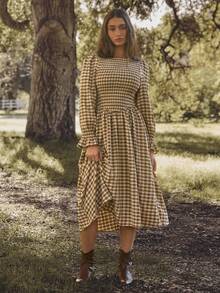 WESTFADE Round Neck Smocked V Shaped Waist Fit & Flare Embroidered Plaid Midi Dress Fall, Autumn, Winter, Casual, Cute, Western Wear, Boho, Christmas, New Years, NYE, Holiday - Brown - View 4