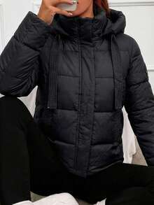 Mujer chaqueta casual acolchada tejido ligero diseño con capucha ajuste regular manga larga otoño invierno uso diario chamarra - Negro - Ver 1