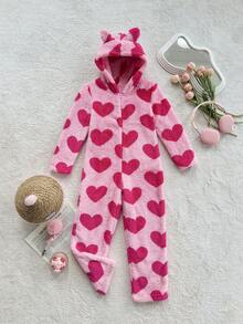 Snug Zone 女童爱心印花法兰绒舒适长袖连帽连体衣 - 粉色 - 查看 1
