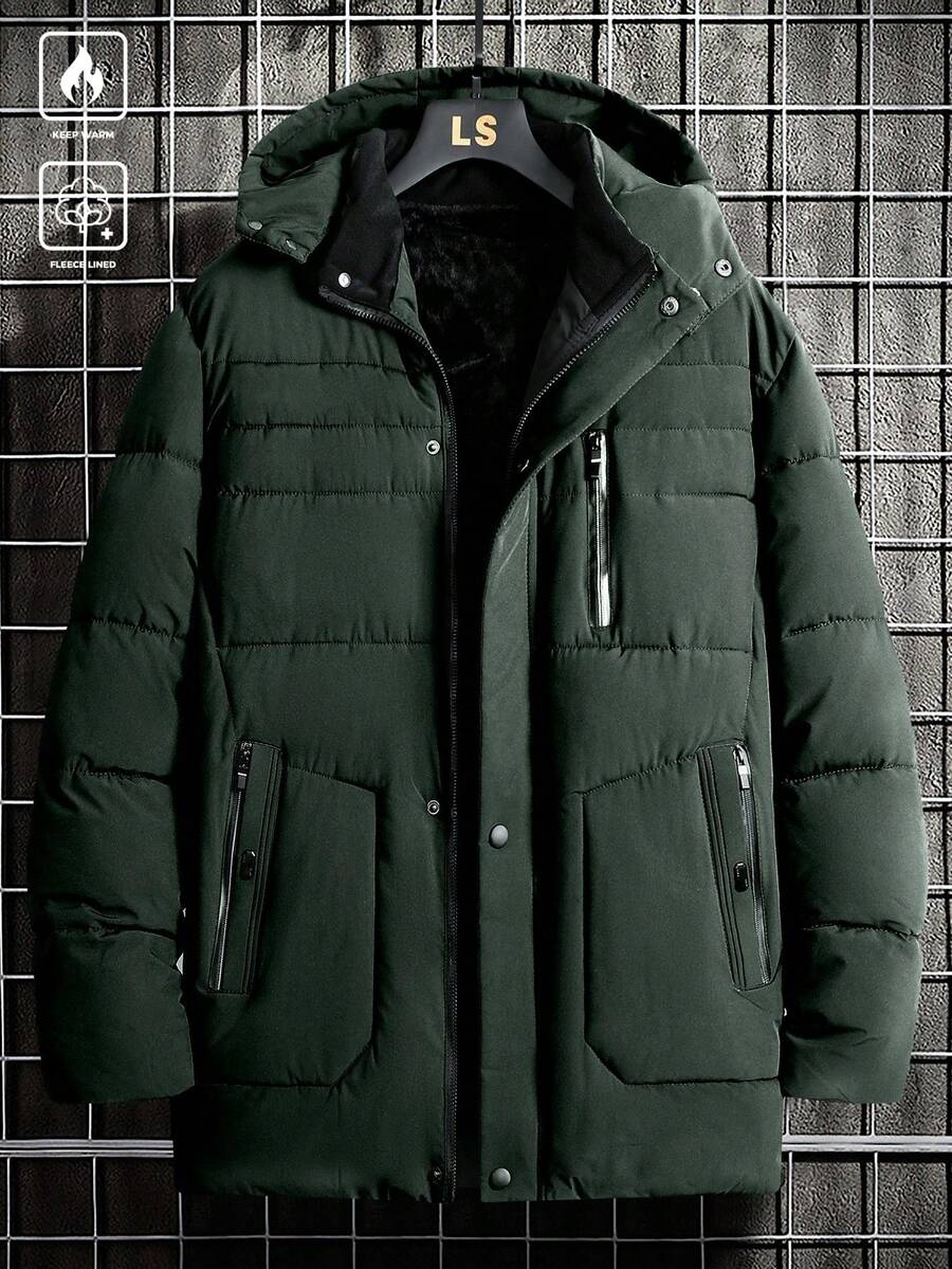 Manfinity Homme Plus Size Men's Hooded Pocket Zip Front Long Sleeve Casual Versatile Padded Coat, Winter Hooded Jacket Men Winter Jacket Men's Outerwear - Army Green - View 1