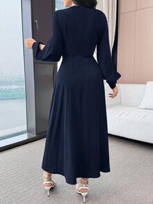 Modelyn 女士纯色圆领开衩长袖褶皱优雅中长连衣裙 - 藏蓝色 - 查看 2