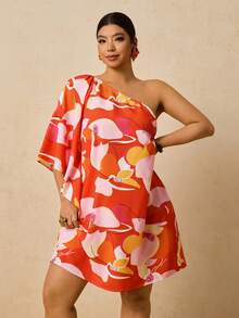 Travachic 夏季大码休闲碎花不对称肩部迷你连衣裙 - 橘色 - 查看 4
