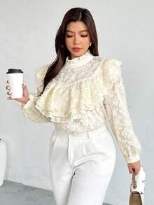 Firerie Plus Size Women Ruffle Collar Loose Fit Long Sleeve Shirt, Comfortable Casual Elegant Suitable For Dates, Gatherings, Afternoon Tea, All Seasons Romantic Valentine's Day Valentine Outfits For Women