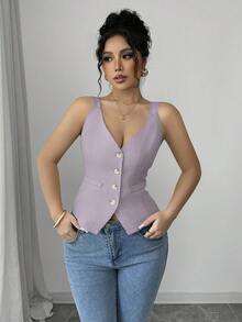 Elenzga Áo hai dây cài nút phía trước màu trơn thường ngày mùa hè dành cho người đi làm - Màu tím - Xem 6