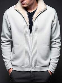 Manfinity Homme 男士纯色长袖拉链休闲抓绒开衫，秋冬季 - 灰色 - 查看 6