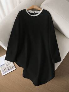 CosyJoli 大码休闲圆领荷叶边拼接开衩宽松卫衣裙 - 黑色 - 查看 3