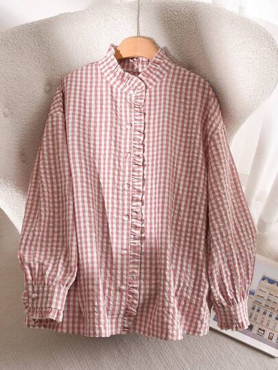 CosyJoli Camisa a cuadros casual con volantes para mujer de talla grande, camisa con botones casual para mujeres