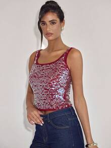 SHEIN BAE Women's New Year's Party Rave Party Sequined Square Neck Top / Party Top / Club / Evening Top / Red Top/Sequin Top/Glitter Top/New Year/Women's New Year's Eve Top,Tank Top - Burgundy - View 4