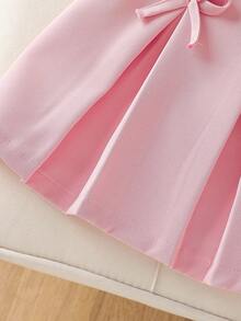 SHEIN Young Girls 2pcs Set: Sleeveless Pearl Button Top + Bowknot Pleated Skirt, Sweet Pink, Elegant Lady Style, Casual Summer Outfit Girls 2pcs Pink Skirt Set Pink Two Piece Set Kids Pink Bow Dress Girls Pink Kids Dress
