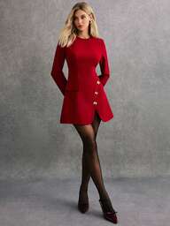 Poéselle ワインレッド優雅なラウンドネック アシンメトリーヘム デコラティブメタルリボン スリム 膝丈ドレス、ウーブンツイル素材、裏地付き、レディースドレス、エレガントで魅力的、パーティーや正式な機会、デートに適しています、FW24