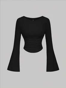SHEIN MOD 3pcs Women Casual Solid Color Bell Sleeve Ruched T-Shirts - Grey - View 9