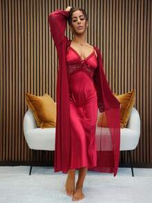 SAYEHFBABY Elegant Satin Lace Long Robe Nightgown Pajama Set For Women, Girl Style - Burgundy - View 5