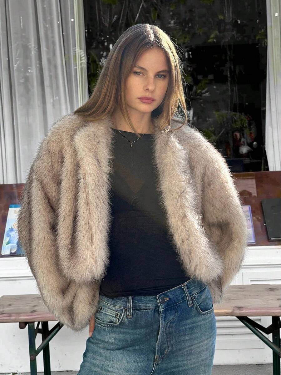 SHEIN EZwear Women's Long Sleeve Simple Fluffy Cardigan Sweater In Fall/Winter - Brown - View 1