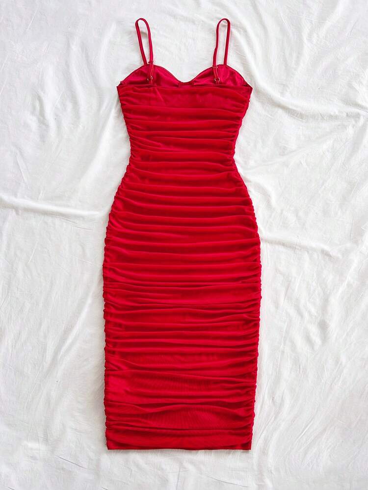 SHEIN WYWH Vestido mini elegante y sexy de malla fruncida con tirantes de espagueti, se puede usar interna o externamente, vestido largo rojo, adecuado para el Día de San Valentín, citas, estilo bohemio, vacaciones, ropa de mujer de otoño, vintage, días festivos - Rojo - Añade 2