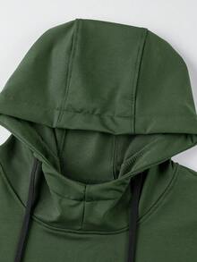 Manfinity Homme Men's Slogan Print Long Sleeve Drawstring Asymmetrical Hem Hoodie Sweatshirt - Army Green - View 5