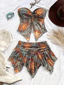 Soleia Women's Apricot Lace Top And Skirt Set, Suitable For Vacation, Beach, Music Festival, Party, Summer Outfit - Multicolor - View 4