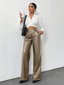 EURMUSE Prive Gold Button Detailed Straight Fit Leather Pant - Mocha Brown - View 8