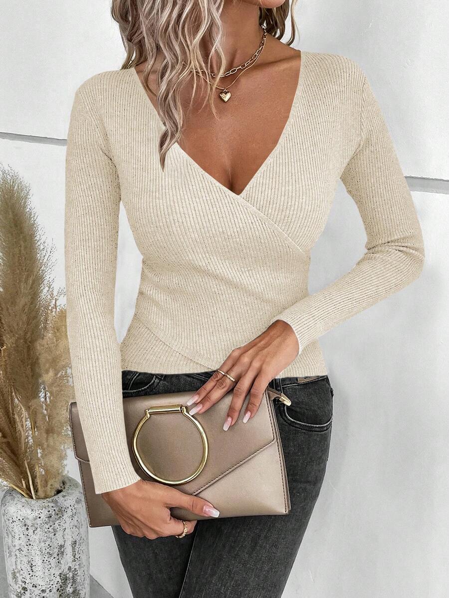 EURMUSE Women V-Neck Cross Wrap Fitted Ribbed Knit Pullover Sweater, Casual Solid Color - Cream - View 1