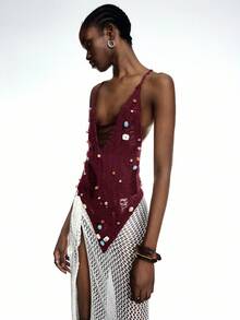 LYSMO 女士酒红色串珠做旧性感吊带背心，露背上衣 - 酒紅色 - 查看 5