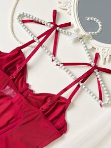 SHEIN 4pcs Set: Sexy Lace Ribbon Bow Spaghetti Strap Puff Skirt & Fishnet Stockings - Burgundy - View 5
