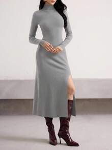 Heiryn Váy dệt kim xẻ cổ đứng màu trơn dành cho nữ, Thu/Đông - Màu Xám nhạt - Xem 5