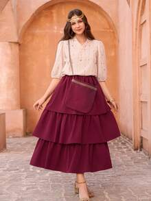 2pcs/Set Teenage Girls' Blouse + Skirt Set, Featuring Middle Eastern Color Palette And Modest Tailoring, Suitable For Ceremonies And School Events - Multicolor - View 7