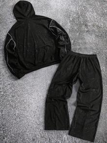 ROMWE MEN Setelan Olahraga Kasual Pria: Hoodie dan Celana Jogging Berkilau dengan Payet - Hitam - View 3