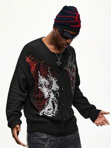 ROMWE MEN Goth Men's Loose Fit Cross Jacquard Drop Shoulder Long Sleeve Casual Knit Cardigan - Black - View 4