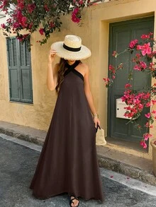 Selianne 女士黑白无肩带编织连衣裙 - 巧克力棕 - 查看 4