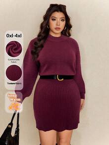 Elaquor Plus Size Women Casual Solid Color Long Sleeve Sweater Dress, Autumn/Winter - Burgundy - View 3