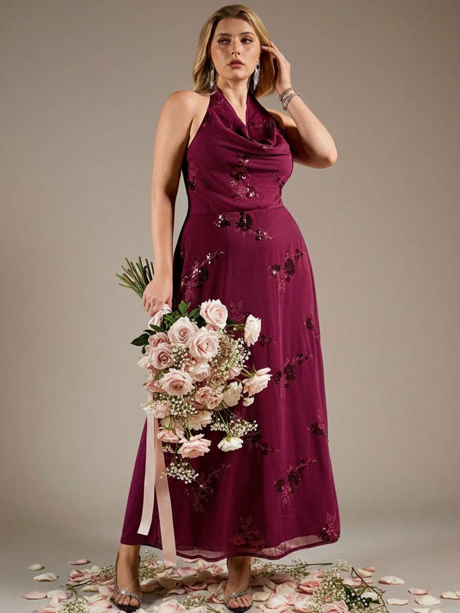 Auralis 加大码勃艮第网眼亮片刺绣垂坠领口系带 A 字形派对、情人节、约会之夜、宴会长裙 - 酒紅色 - 查看 1