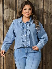 EMERY ROSE Plus Size Women Street Casual Comfortable Mid-Blue Non-Stretch Ruffle Trim Denim Blouse - Medium Wash - View 6