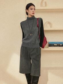 Dazy-Less 女士宽松休闲无袖套头毛衣，时尚都市风格，适合秋冬季商务休闲场合。 - 灰色 - 查看 3