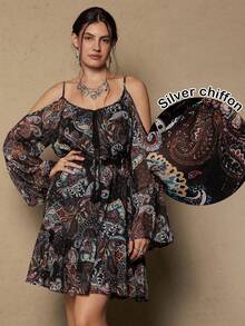 Freevana Vestido de hombros descubiertos con estampado de paisley de talla grande, otoño - Negro - Ver 1