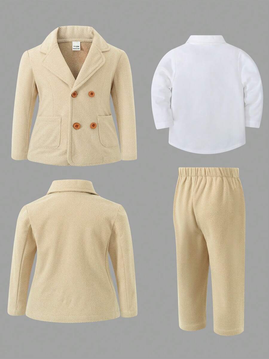 3pcs/Set Baby Boy Formal Suit Set - Light Khaki Herringbone Blazer + Trousers, Paired With White Shirt & Orange Bow Tie, Double-Breasted Gentleman Design, Suitable For Birthday Party, Ceremony, Wedding, Christening, New Year, Children Outfit, Baby Boy Clothing, Boy Suit, Baby Boy Set, Baby Boy Set
