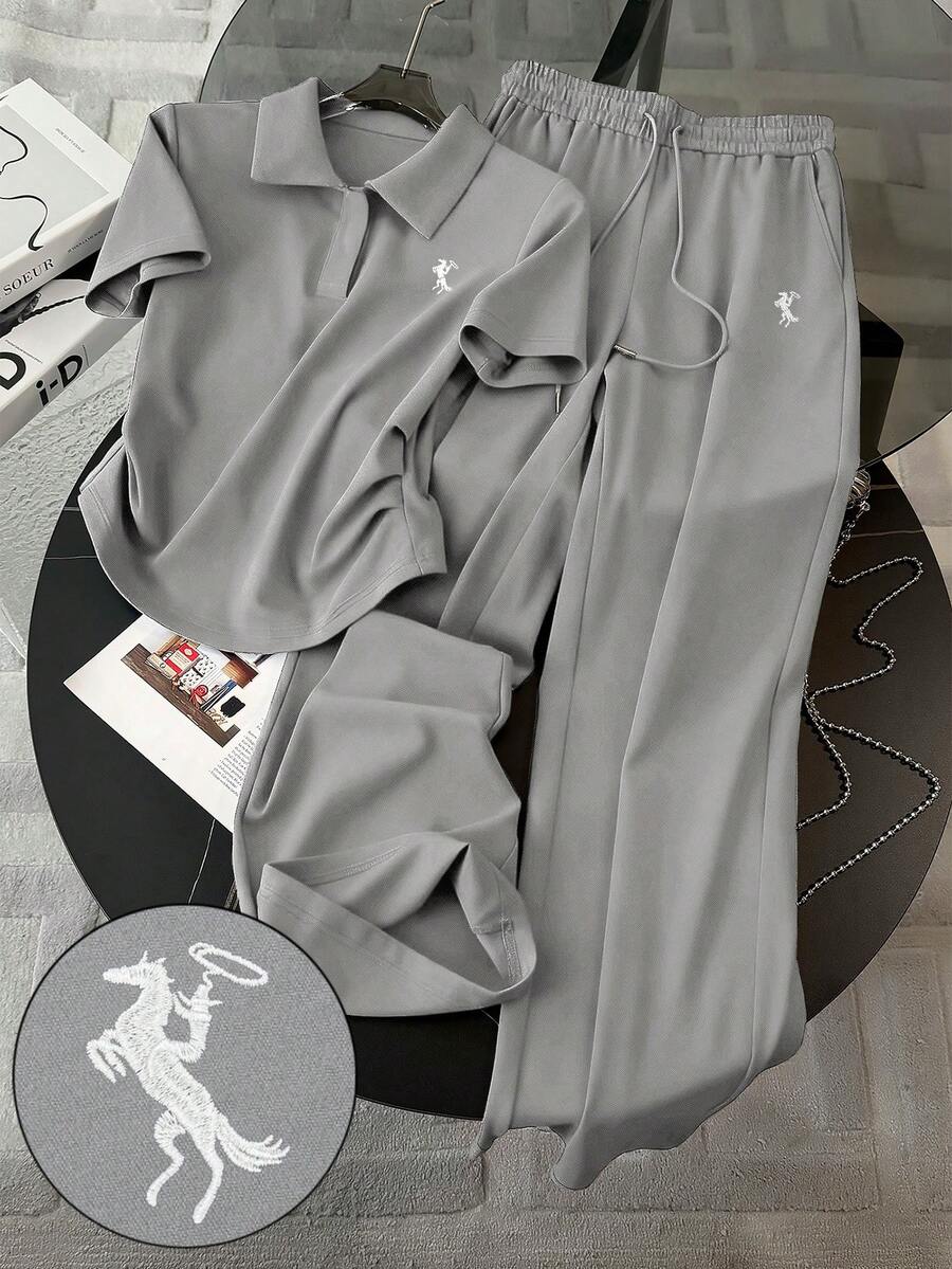 Resyla 刺绣时尚简约Polo领T恤+裤子套装，送朋友的礼物 - 灰色 - 查看 1