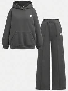 SHEIN Girlism 2件套少女宽松纯色深灰色复古美式英文文字印花连帽卫衣和运动裤套装，适合秋冬季节和返校季穿着，带保暖内衬 - 深灰色 - 查看 10