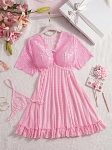 Crystal Vow 2件套婚纱蕾丝撞色网纱深V镂空爱心水钻加大码性感内衣吊带裙+丁字裤