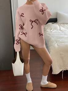 DAZY Suéter holgado de punto con cuello redondo y lazo, para mujer, de otoño/invierno - Rosa - Ver 3